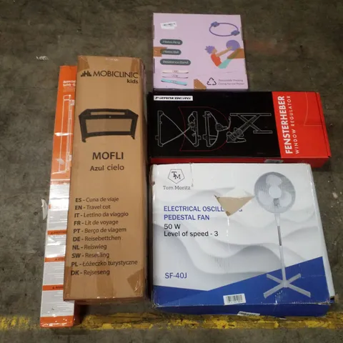 PALLET CONTAINING ASSORTED PRODUCTS INCLUDING RETRACTABLE SAFETY GATE, TRAVEL COT, ELECTRICAL OSCILLATING PEDESTAL FAN, PILATES RING & WINDOW REGULATOR