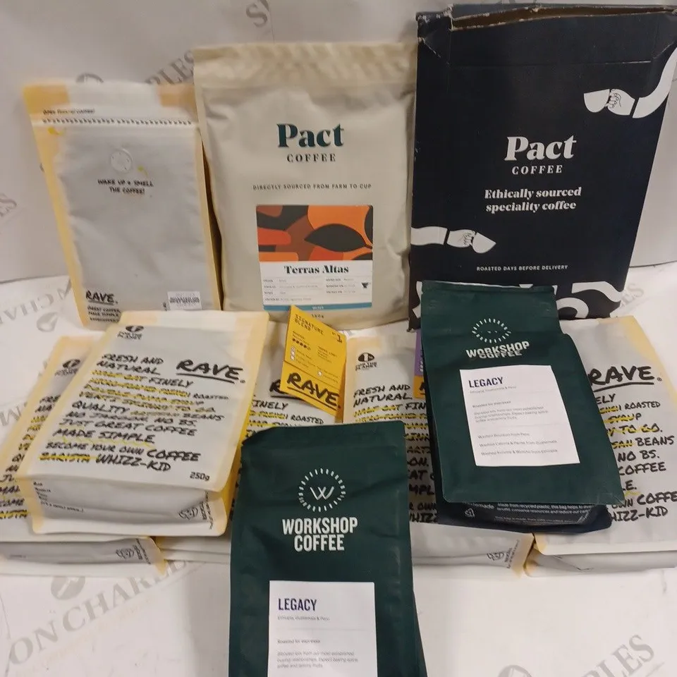 10 X ASSORTED COFFEE PRODUCTS TO INCLUDE PACT COFFEE, WORKSHOP COFFEE, RAVE COFFEE ETC 