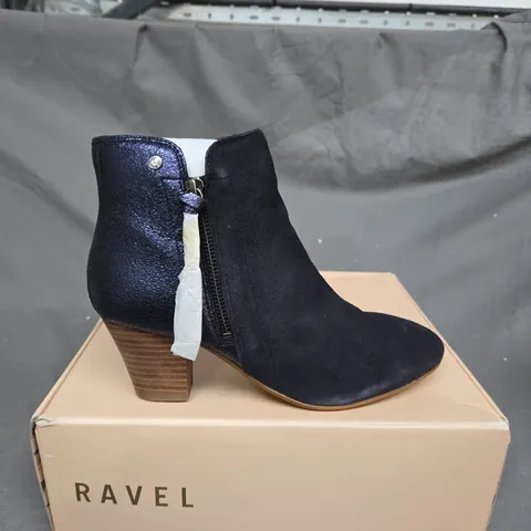 BOXED PAIR OF RAVEL TAY SUEDE ANKLE BOOTS SIZE 6