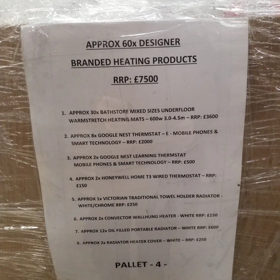 PALLET CONTAINING APPROXIMATELY 60 DESIGNER BRANDED HEATING PRODUCTS 