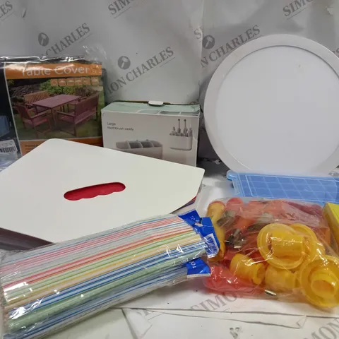 BOX OF APPROX 8 ASSORTED HOUSEHOLD ITEMS TO INCLUDE TOOTHBRUSH CADDY, MY GARDEN TABLE COVER, COOKIE MOULDS, ETC