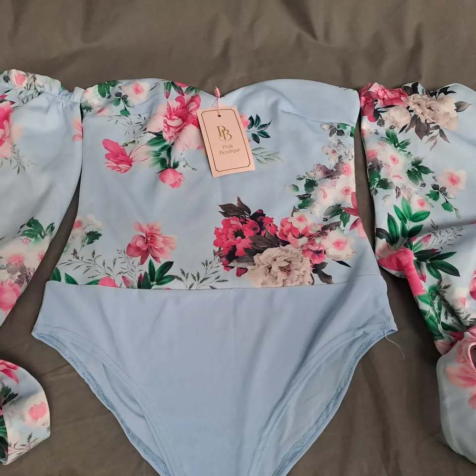 PINK BOUTIQUE BLOSSOM BLISS FLORAL PRINT BARDOT BODYSUIT, BLUE - SIZE 10