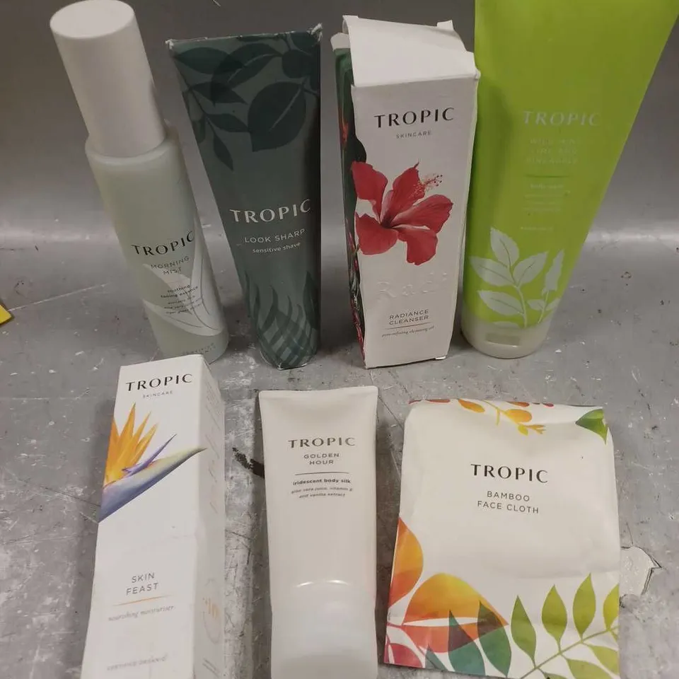 TROPIC SKINCARE LOT OF 7 ASSORTED SKINCARE PRODUCTS TO INCLUDE - IRIDESCENT BODY SILK - CLEANSING OIL - TONING ESSENCE - ETC