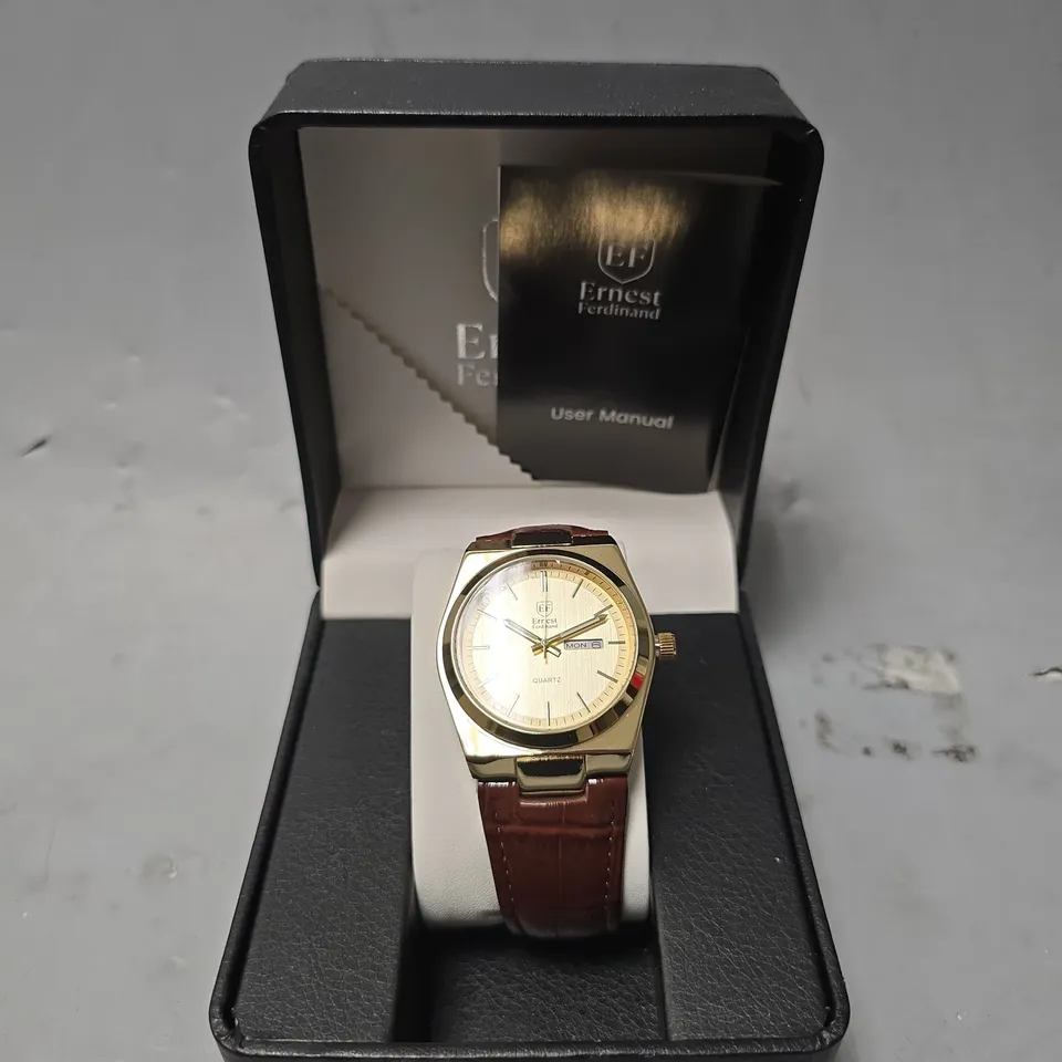 ERNEST FERDINAND WATCH – DAY DATE CALENDAR DIAL – LEATHER STRAP – 3ATM WATER RESISTANT - GIFT BOX