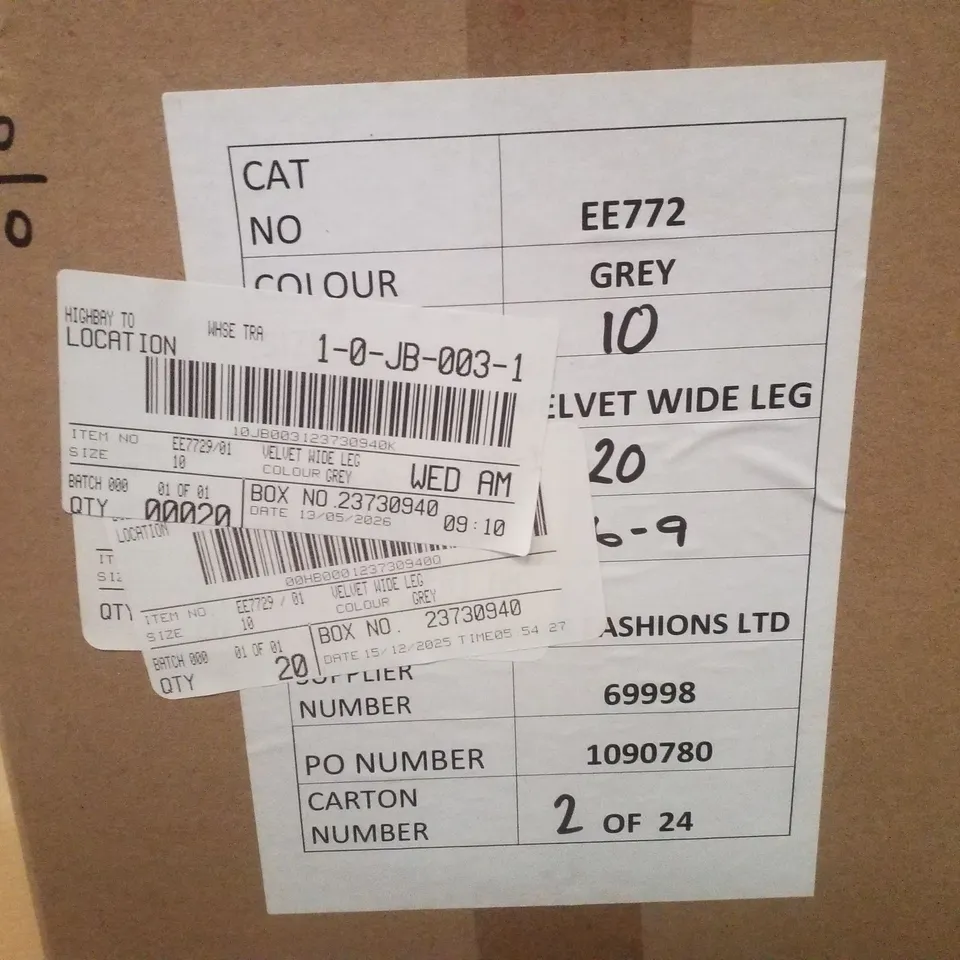 BOX CONTAINING APPROXIMATELY 20 BRAND NEW JD WILLIAMS GREY VELVET WIDE LEG TROUSERS - SIZE 10