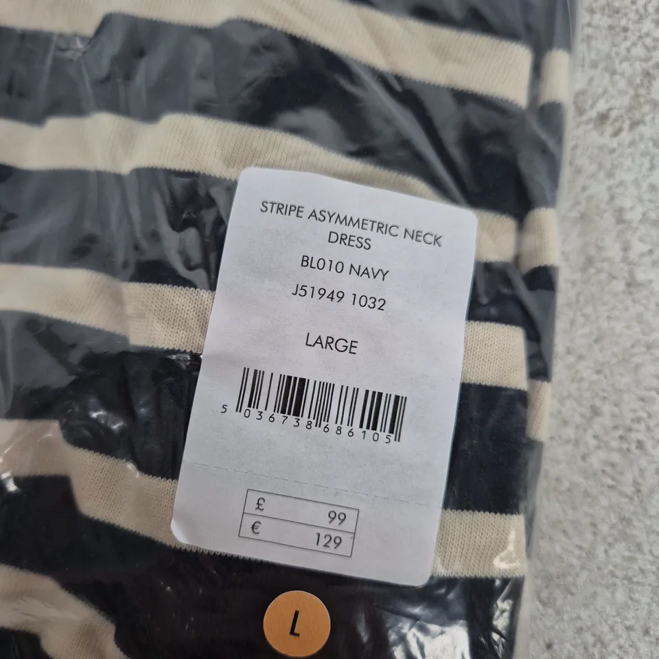 BAGGED JIGSAW STRIPE ASYMMETRIC NECK DRESS – NAVY&CREAM, UK SIZE LARGE