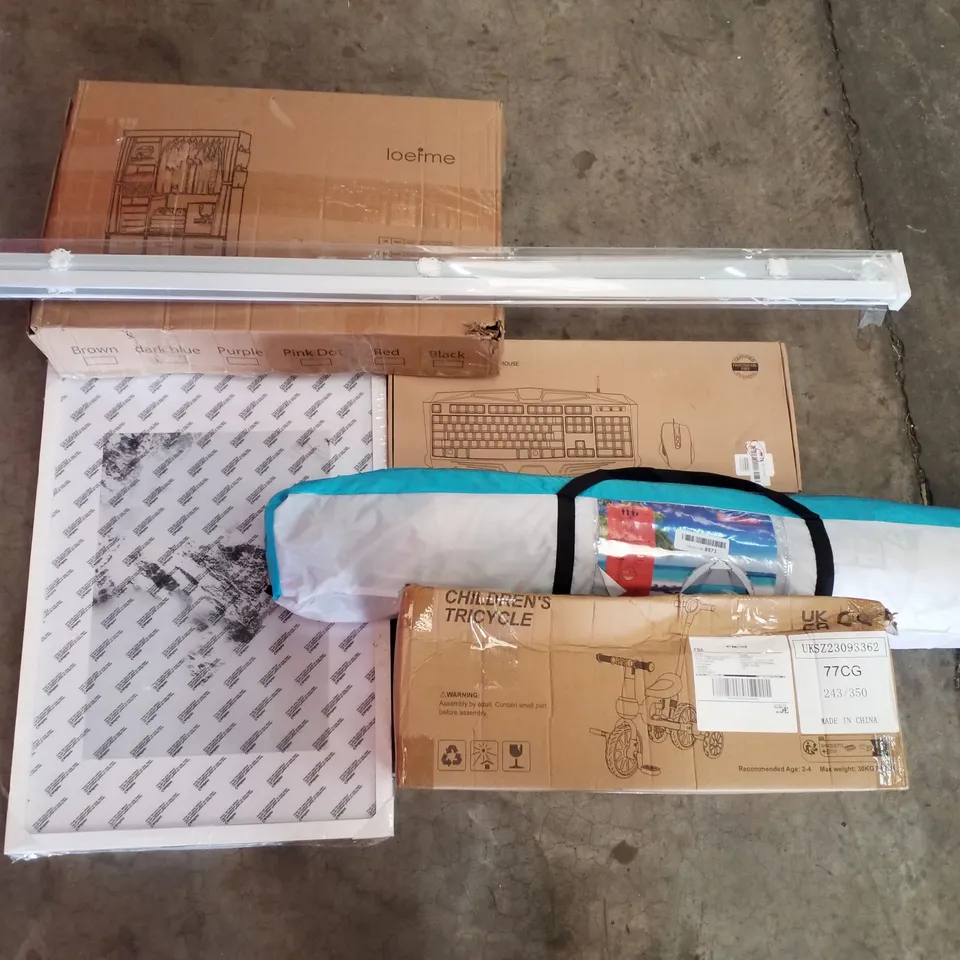 PALLET OF ASSORTED PRODUCTS INCLUDING KEYBOARD & MOUSE, CHILDRENS TRICYCLE, ROLLER BLIND, AUTO BEACH SHELTER, PHOTO FRAME, FABRIC WARDROBE 