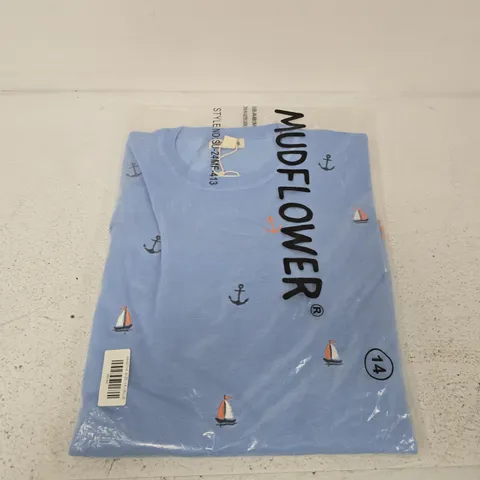 MUDFLOWER UK 14 KIDS' LIGHT BLUE T-SHIRT WITH ANCHOR PRINT