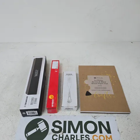 APPROXIMATELY 15 ASSORTED HOUSEHOLD PRODUCTS TO INCLUDE A RECORD STAND, OLYMPIA KINGS FORK SET AND AN AMTECH CIGAR STONE