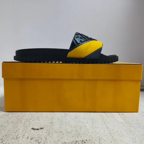 BOXED PAIR OF FENDI RUBBER SLIDES IN GREY/YELLOW SIZE 13