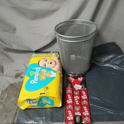 BOX OF APPROXIMATELY 20 ASSORTED HOUSEHOLD ITEMS TO INCLUDE WASTE BINS, PAMPERS, CHRISTMAS SUSPENDERS ETC
