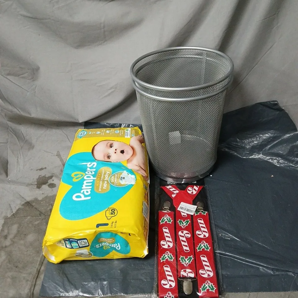 BOX OF APPROXIMATELY 20 ASSORTED HOUSEHOLD ITEMS TO INCLUDE WASTE BINS, PAMPERS, CHRISTMAS SUSPENDERS ETC