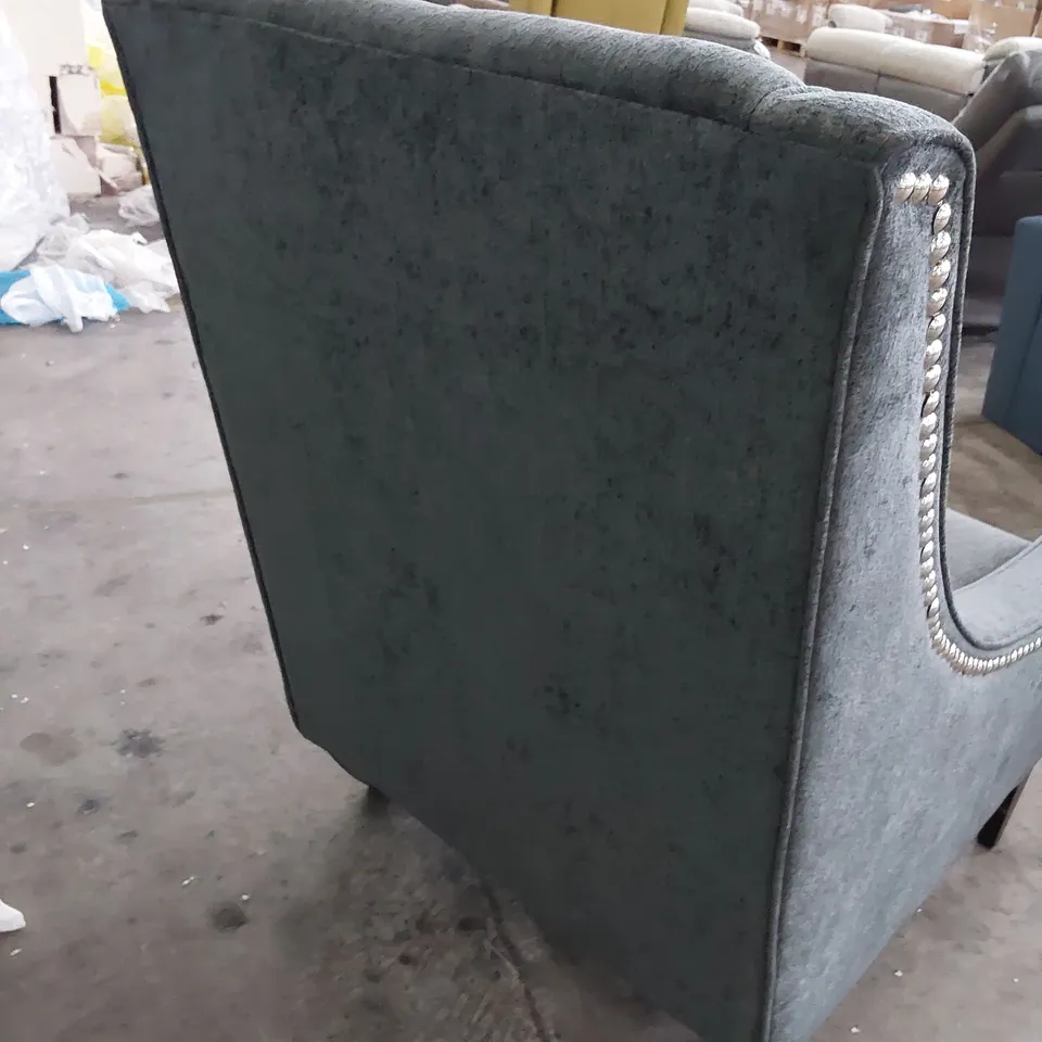 DESIGNER HIGH BACK EASY CHAIR GREY FABRIC WITH STUDDED DETAIL 