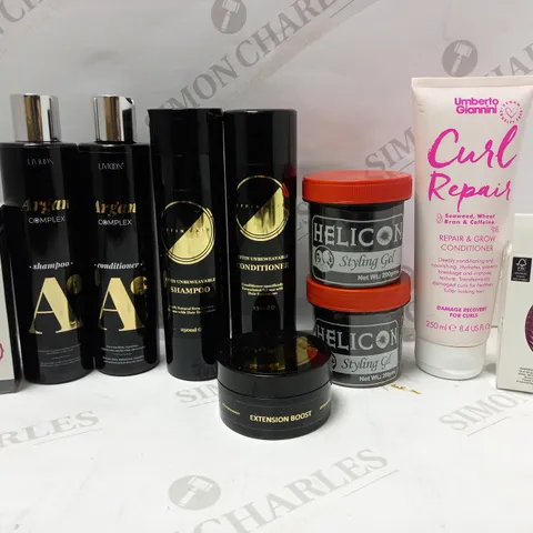 LOT OF APPROX 10 ASSORTED HAIR PRODUCTS TO INCLUDE LIVIOON ARGAN OIL SHAMPOO, EFFIN HAIR UNBEWEAVABLE CONDITIONER, HELICON STYLING GEL, ETC