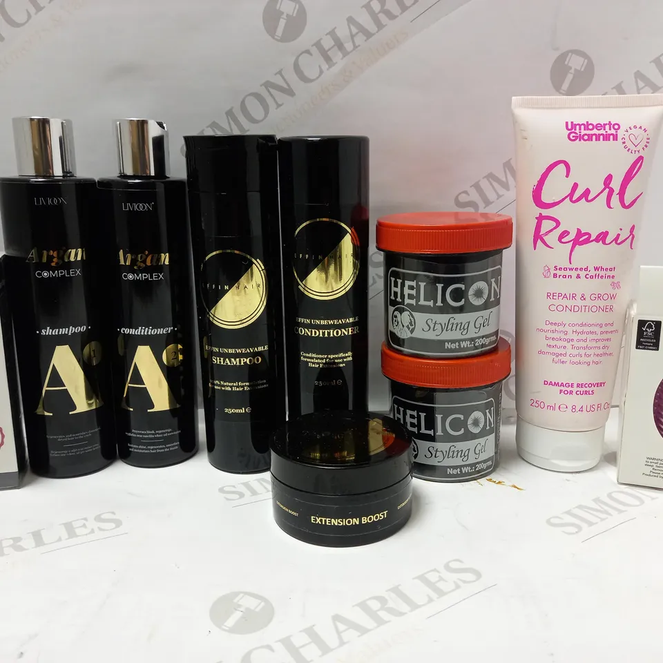 LOT OF APPROX 10 ASSORTED HAIR PRODUCTS TO INCLUDE LIVIOON ARGAN OIL SHAMPOO, EFFIN HAIR UNBEWEAVABLE CONDITIONER, HELICON STYLING GEL, ETC