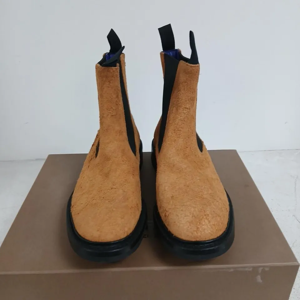 BURBERRY CHELSEA BOOTS - TAN SUEDE WITH BLACK ELASTIC PANELS, LUG SOLE 