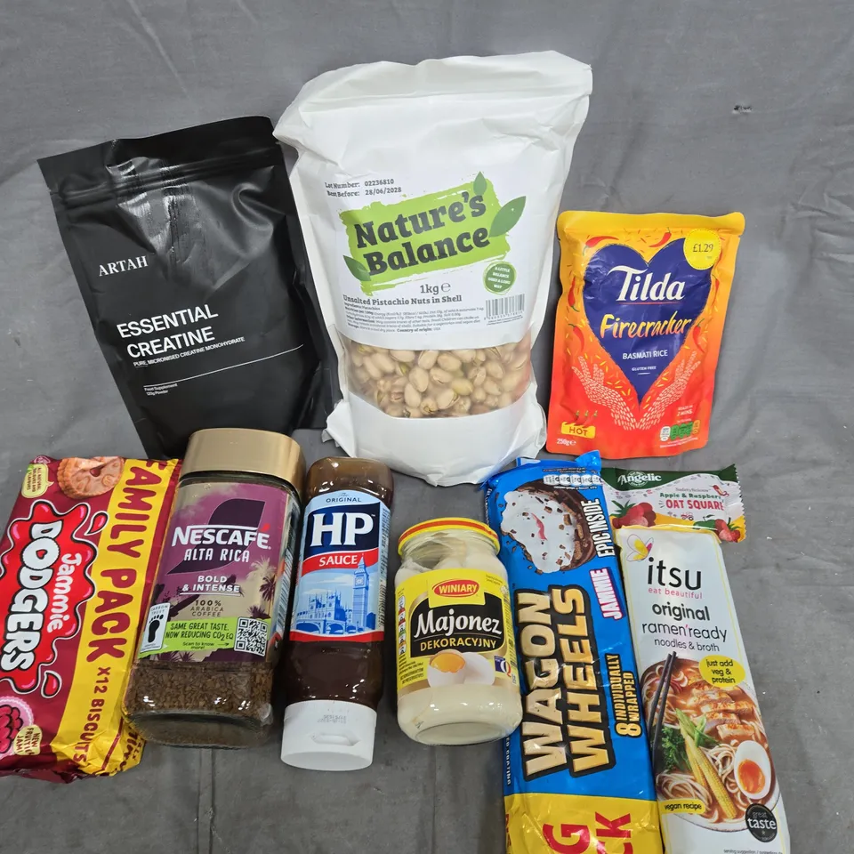 LOT OF 10 ASSORTED FOOD AND DRINK ITEMS TO INCLUDE PISTACHIO NUTS 1KG AND NESCAFE 190G
