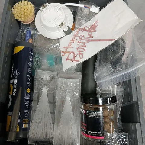 box of Assorted Craft Tools & Accessories in Plastic Tub – brushes, cones, small jars 