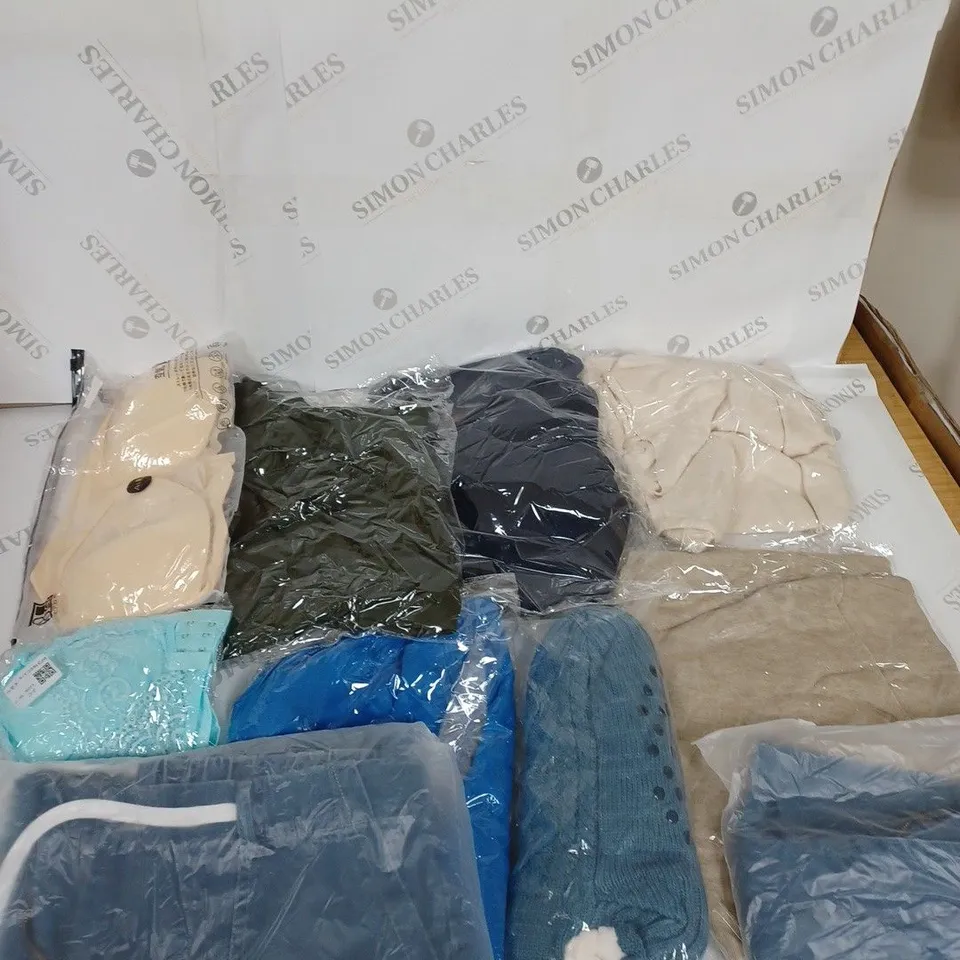 LARGE BOX OF ASSORTED CLOTHING ITEMS IN VARIOUS COLOURS AND SIZES INCLUDING TROUSERS , TOPS AND JUMPERS 