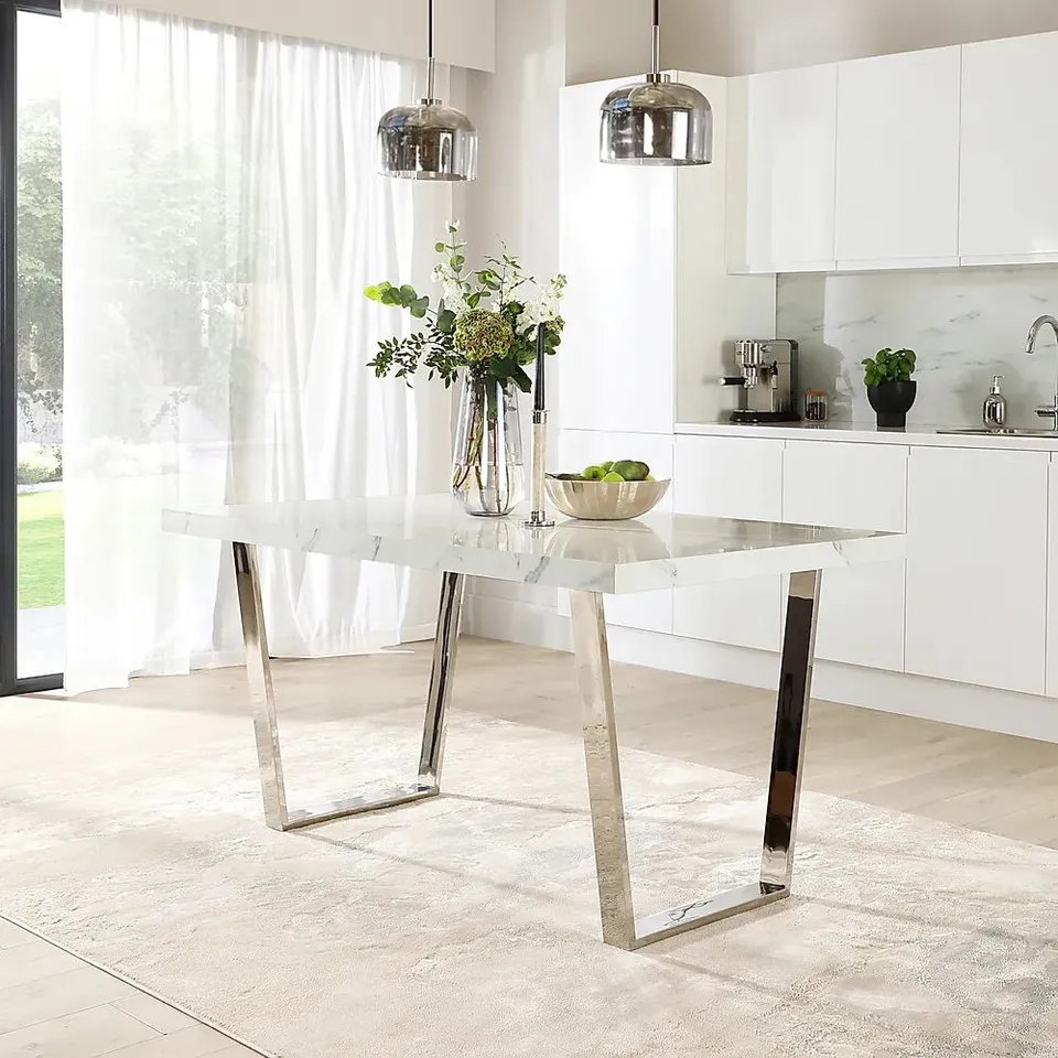 BOXED MILENTO WHITE MARBLE AND CHROME,  150CM DINING TABLE , 2 BOXES 