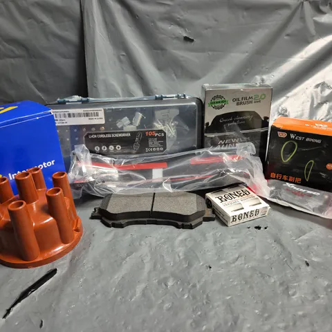 APPROXIMATELY 10 ASSORTED VEHICLE PARTS & ACCESSORIES TO INCLUDE DISTRIBUTER CUP, CORDLESS SCREWDRIVER, BICYCLE INNER BAR, ETC
