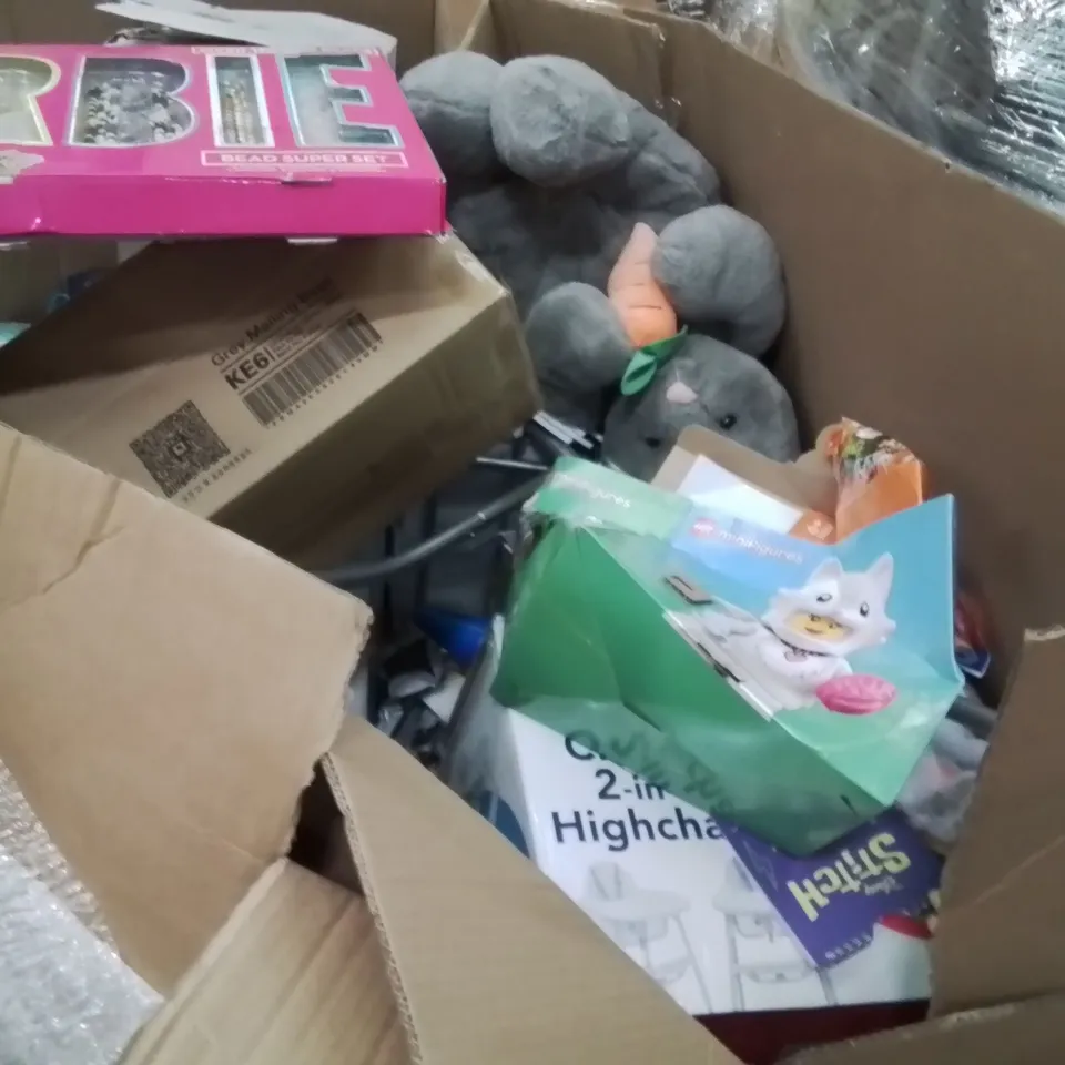PALLET OF ASSORTED HOUSEHOLD GOODS AND PRODUCTS TO INCLUDE;BABY HIGH CHAIR,DARTBOARD,F1 LEGO