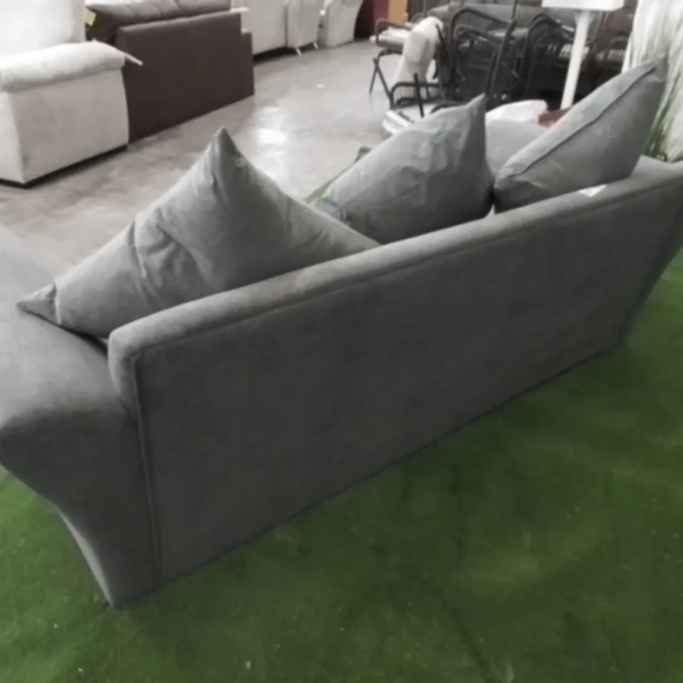 DESIGNER DURY GREY FABRIC THREE SEATER SOFA WITH SCATTER BACK CUSHIONS