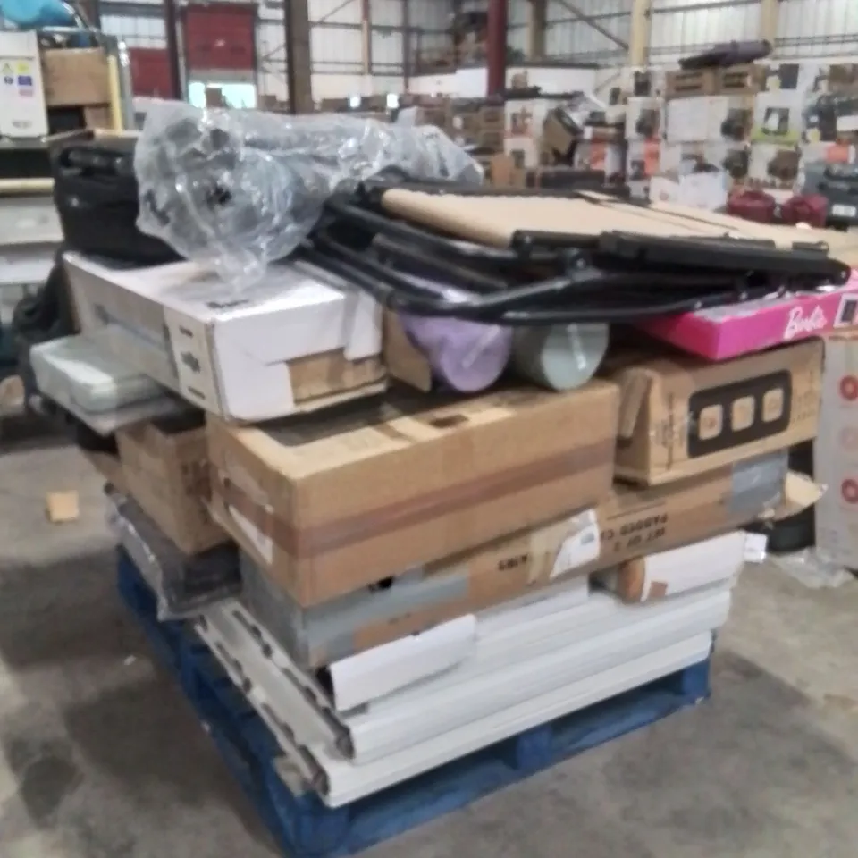 PALLET OF ASSORTED HOUSEHOLD GOODS AND PRODUCTS TO INCLUDE;FOLDING TABLES,SUITCASES,SOUP MAKER,DOG CAGES,CORDLESS VACUUM CLEANER,PLAYPEN,CAMPING CHAIRS 