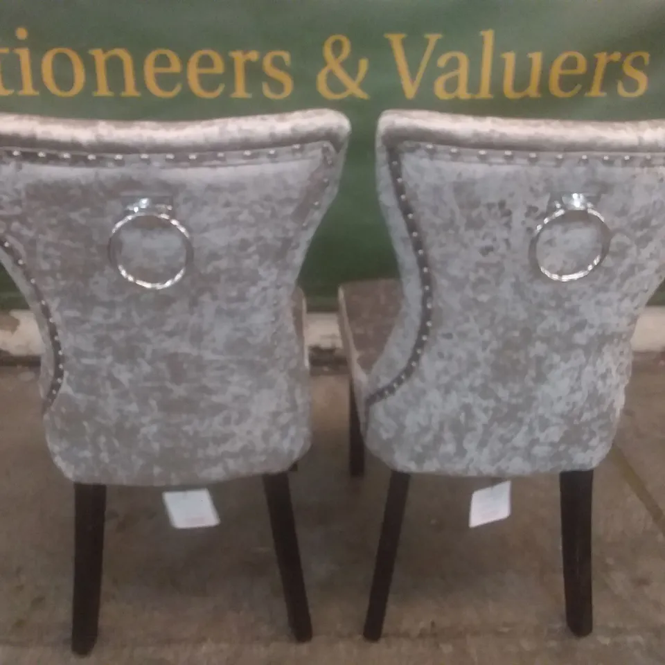 SET OF 2 BEWLEY SILVER VELVET BUTTON BACK DINING CHAIRS (DARK LEG)