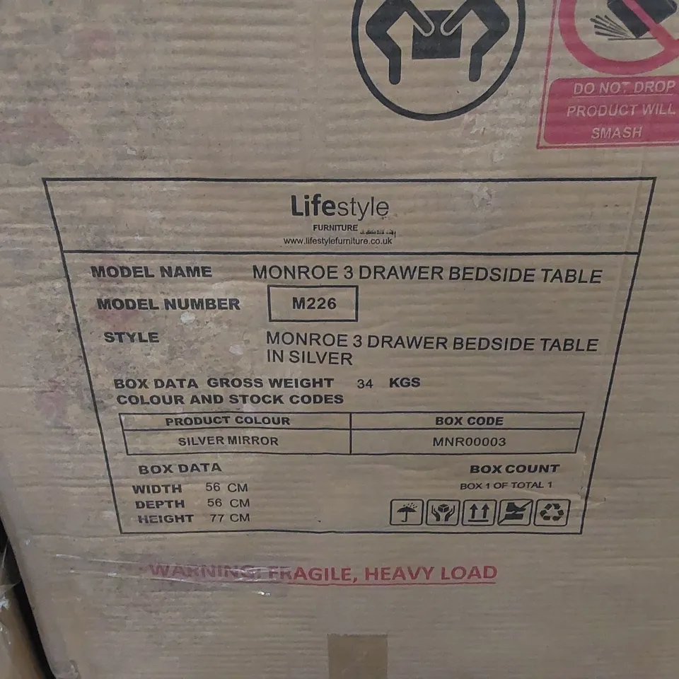 BOXED MONROE 3 DRAWER BEDSIDE TABLE (1 BOX)