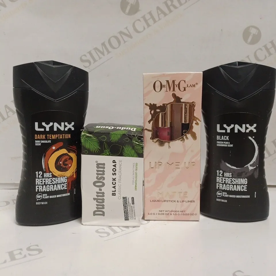 BOX OF APPROX 20 ASSORTED BEAUTY PRODUCTS TO INCLUDE LYNX DARK TEMPTATION, DUDU-OSUN BLACK SOAP, OMG LIP ME UP SET, ETC. 