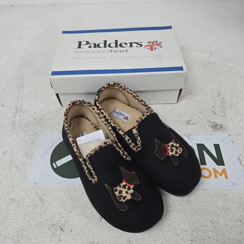 PADDERS DANDIE SLIPPERS – BLACK WITH LEOPARD PRINT TRIM, UK SIZE 5