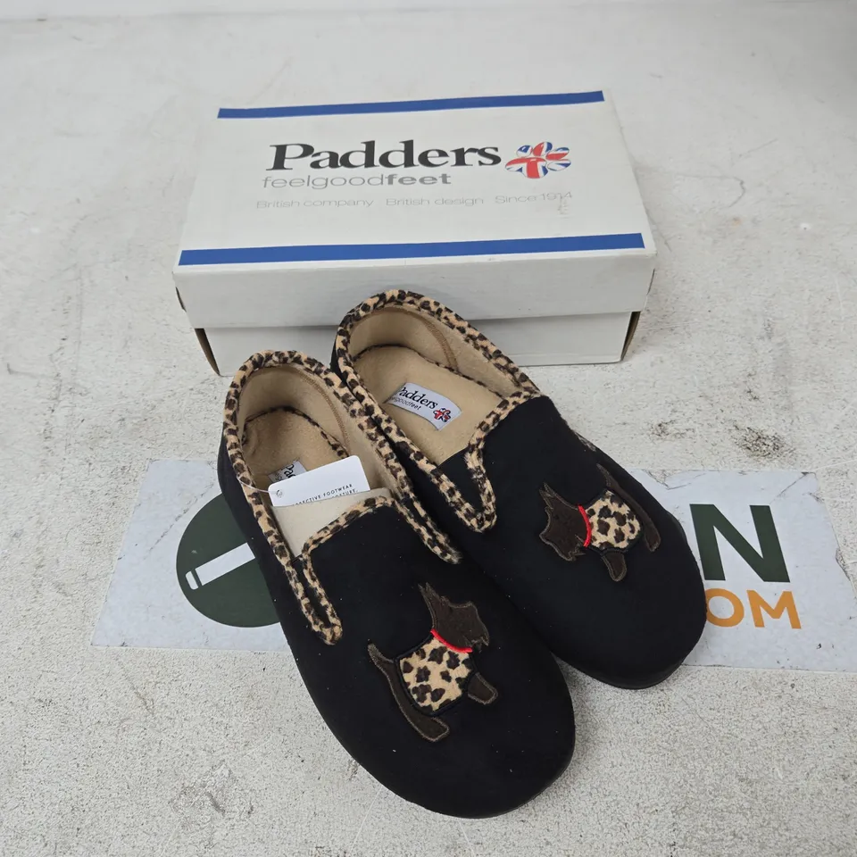 PADDERS DANDIE SLIPPERS – BLACK WITH LEOPARD PRINT TRIM, UK SIZE 5