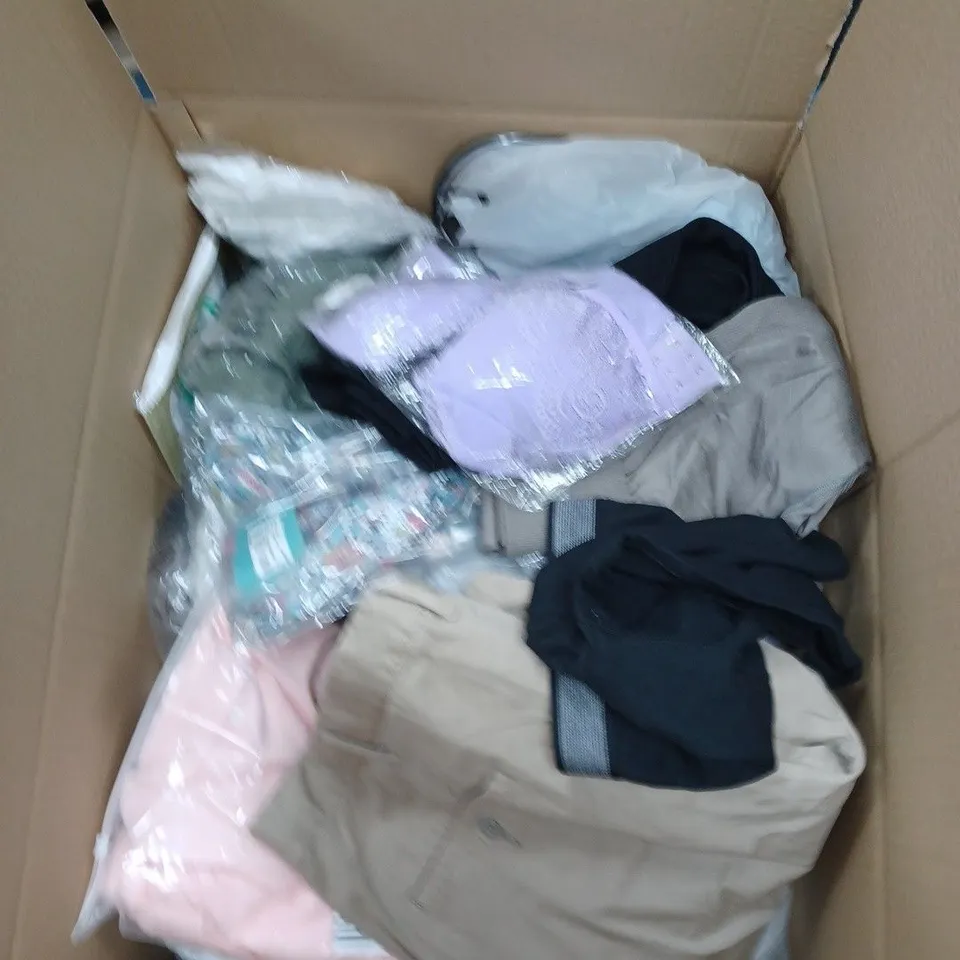 BOX OF ASSORTED CLOTHING TO INCLUDE BOXERS, BRAS, LEGGINGS ETC 