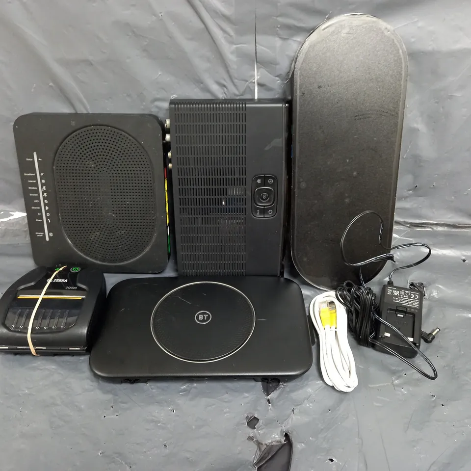 BOX OF ASSORTED HOUSEHOLD ITEMS TO INCLUDE WIFI BOXES, ASSORTED CABLES AND BT