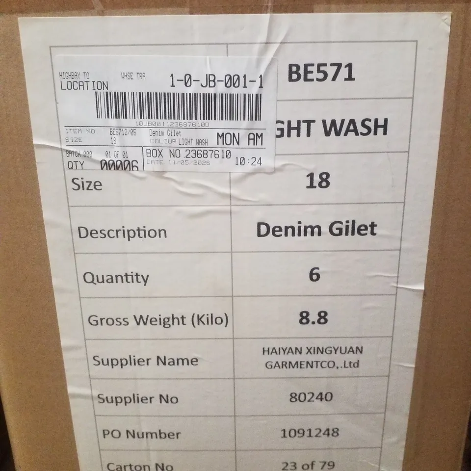 BOX CONTAINING APPROXIMATELY 6 BRAND NEW SIMPLY BE BLUE REGULAR SLEEVELESS DENIM GILETS - SIZE 18