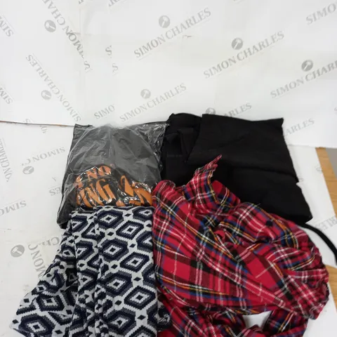 LARGE BOX OF ASSORTED CLOTHING ITEMS IN VARIOUS COLOURS AND SIZES INCLUDING TROUSERS , TOPS AND JUMPERS 