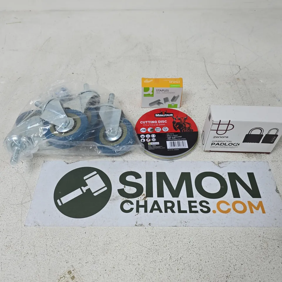 APPROXIMATELY 15 ASSORTED HOUSEHOLD PRODUCTS TO INCLUDE WHEEL CASTERS, GALVANISED STAPLES AND A COMBINATION PADLOCK