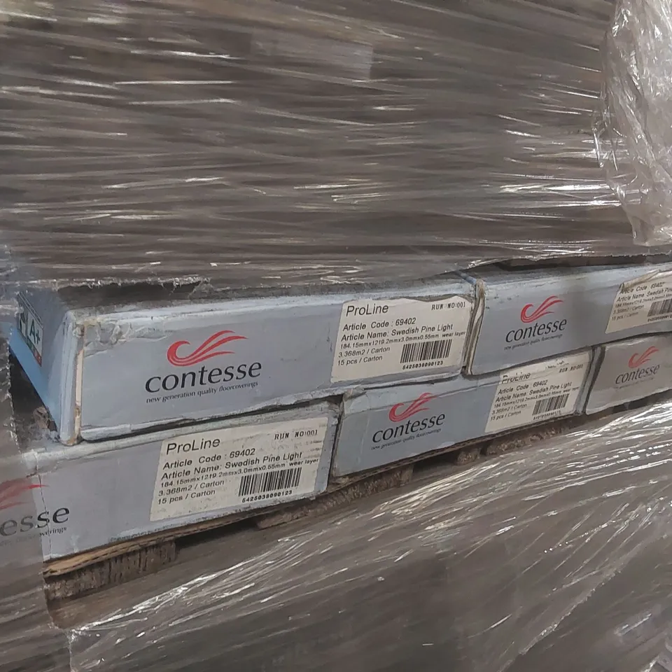 PALLET CONTAINING A VERY LARGE QUANTITY OF ASSORTED VINYL FLOORING INCLUDING: CONTESSE FLOATING FLOOR SYSTEM BLEACHED PINE, ESPANA CADIZ, SWEDISH PINE LIGHT ECT