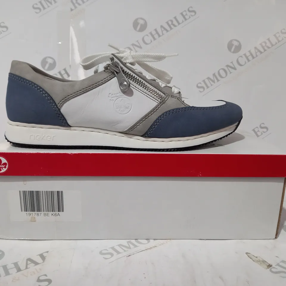 BOXED PAIR OF RIEKER SNEAKERS WITH REMOVABLE INSOLE COMBINATION BLUE UK SIZE 6.5