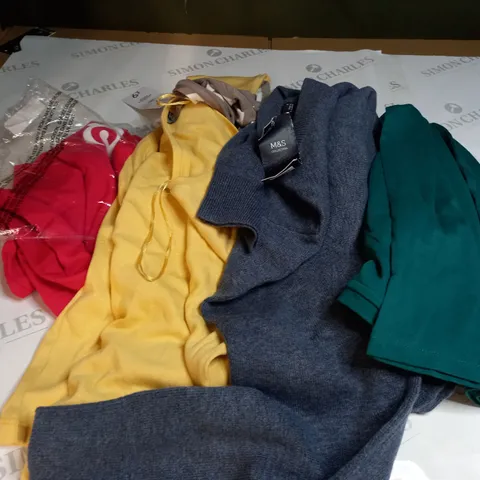 BOX OF ASSORTED CLOTHING ITEMS TOO INCLUDE DRESSES , SHIRTS AND TROUSERS IN VARIOUS SIZES AND COLOURS