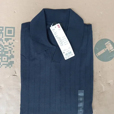 UNIQLO MILANO RIBBED LONG SLEEVE POLO TOP IN NAVY SIZE MEDIUM