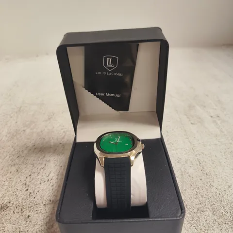 LOUIS LACOMBE WRISTWATCH WITH GREEN DIAL – GOLD-TONE CASE, BLACK RUBBER STRAP