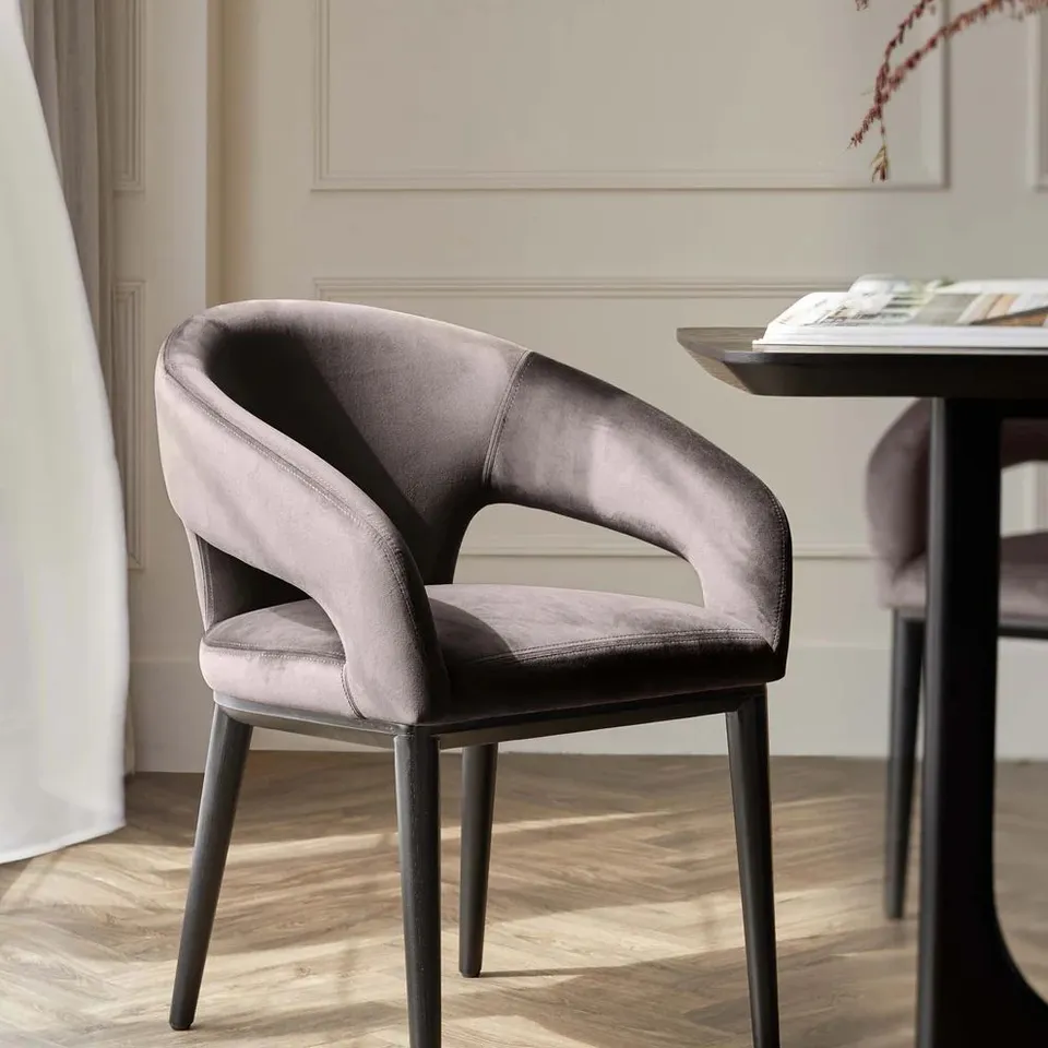 BOXED DANETTI HEATH MOCHA PLUSH VELVET AND BLACK WOOD DINING CHAIR