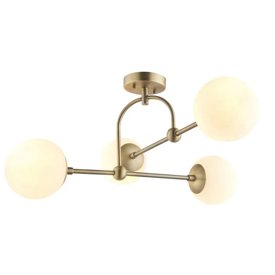 BOXED ENDON 4 LIGHT SEMI FLUSH CEILING LIGHT MATT ANTIQUE BRASS PLATE & OPAL GLASS
