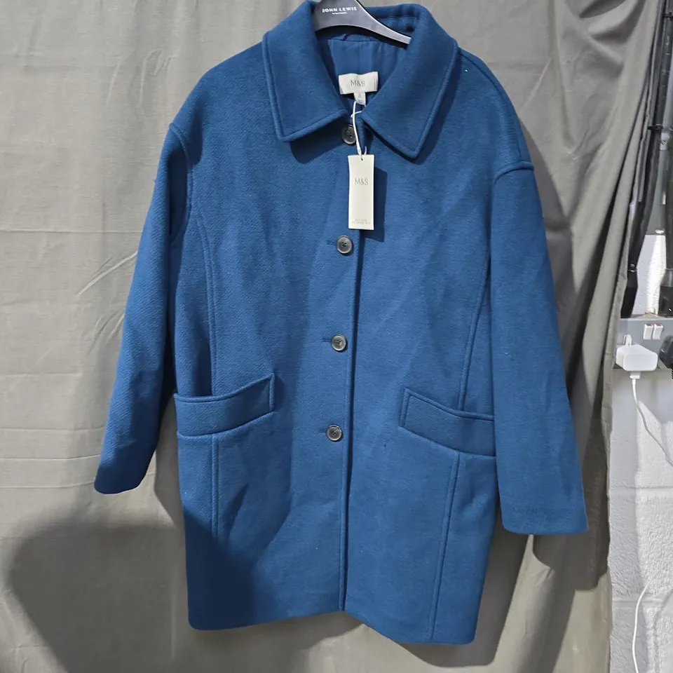 M&S Women’s Blue Coat – UK 14 REG, Button-Front with Patch Pockets
