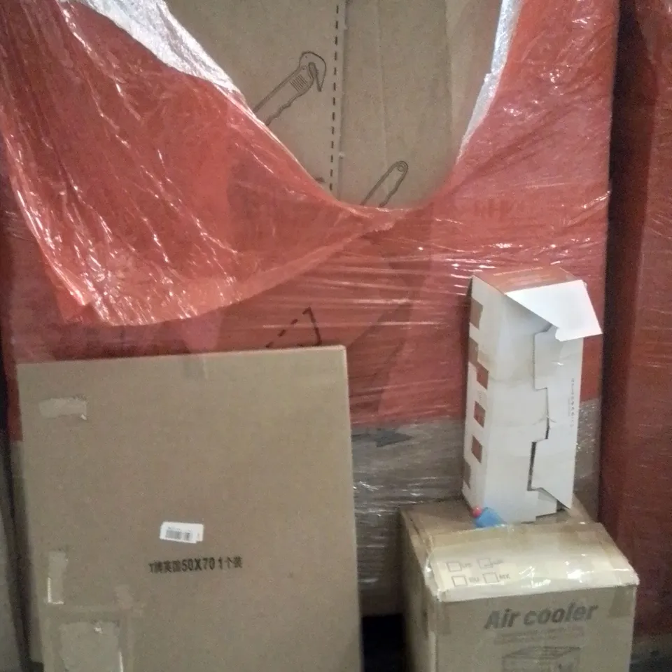 PALLET OF ASSORTED HOUSEHOLD GOODS AND PRODUCTS TO INCLUDE;PICTURE FRAMED,AIR COOLER,TRIPOD