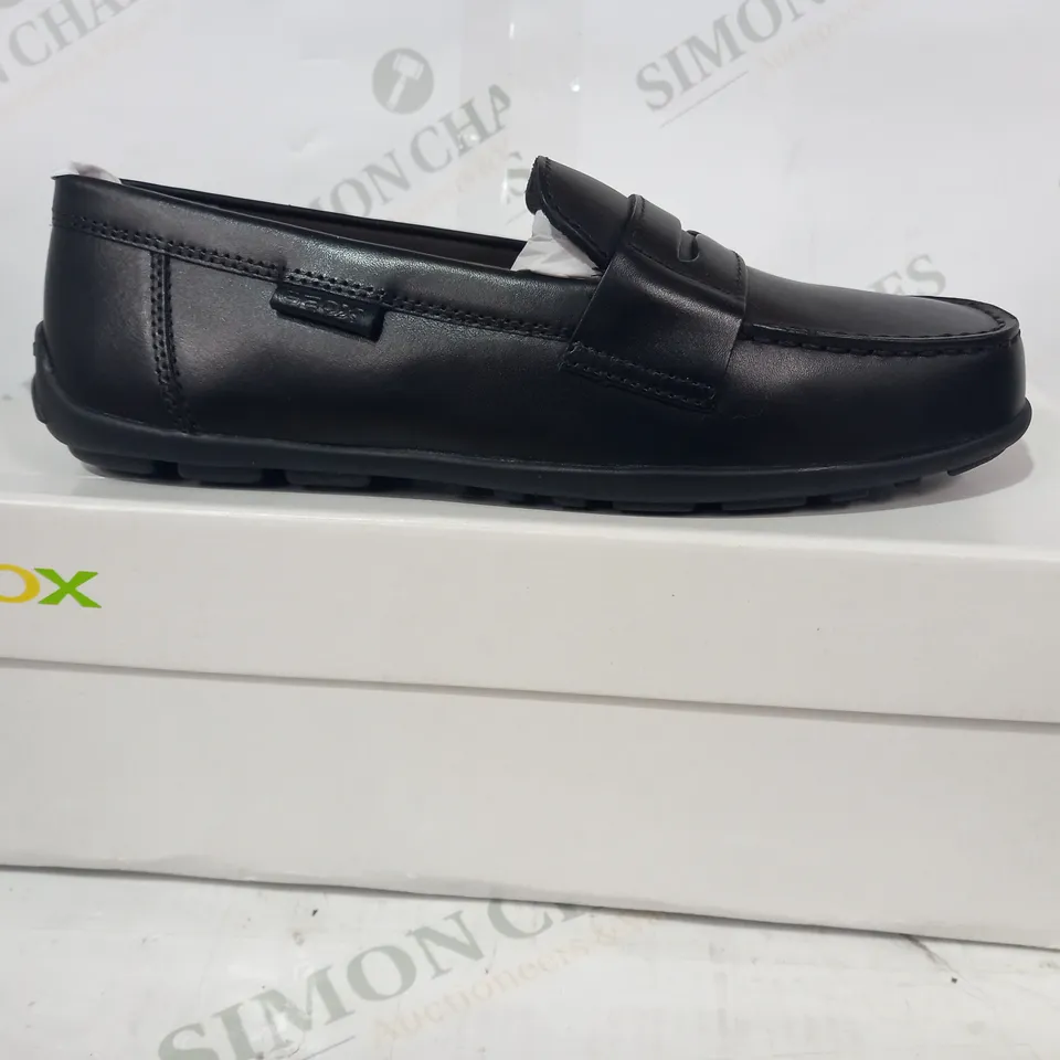 BOXED PAIR OF GEOX SLIP-O SHOES IN BLACK UK SIZE 4