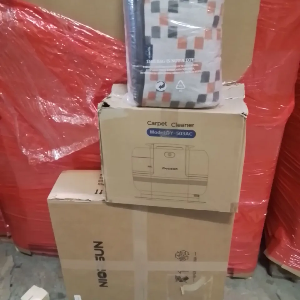 PALLET OF ASSORTED HOUSEHOLD GOODS AND PRODUCTS TO INCLUDE;DOOR MAT,CARPET CLEANER,CEILINGS FAN