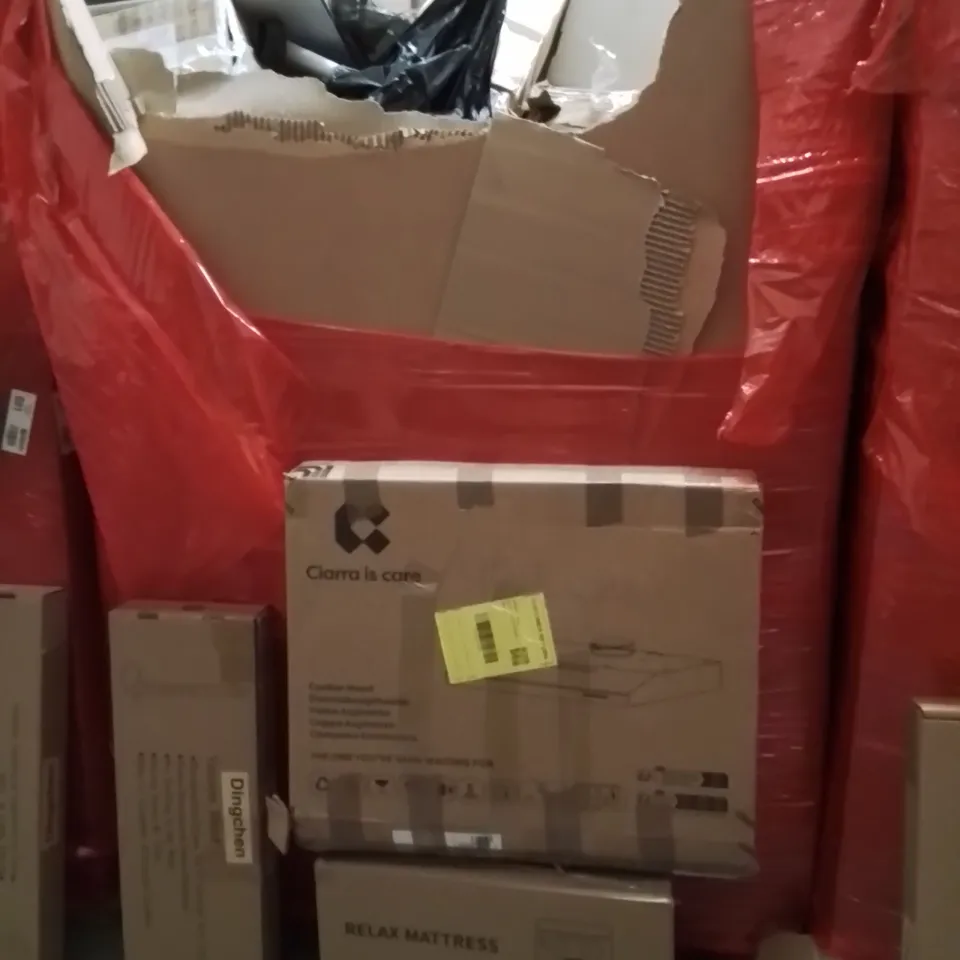 PALLET OF ASSORTED HOUSEHOLD GOODS AND PRODUCTS TO INCLUDE;VACUUM STAND,RELAX MATTRESS,COOKER HOOD
